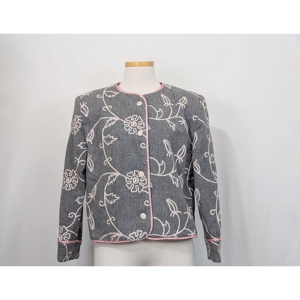 Vintage 80s Jacket Wool Gray Pink Floral Embroidered Lined Blazer Women's Size 6